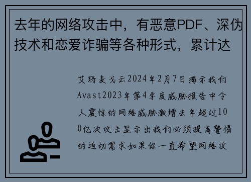 去年的网络攻击中，有恶意PDF、深伪技术和恋爱诈骗等各种形式，累计达到了100亿次。